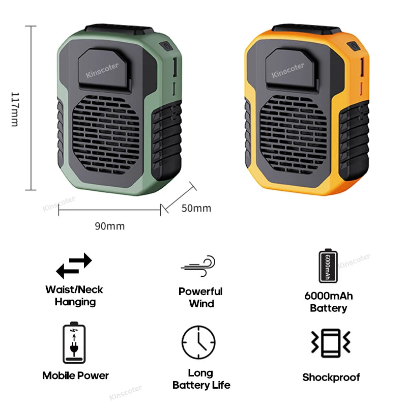 KINSCOTER Hängender Taillenventilator für den Außenbereich, 6000 mAh, tragbarer Taillen-/Nackenventilator, Kühlerventilator, 3 Geschwindigkeiten, geräuschlos, lange Lebensdauer, elektrischer Ventilator