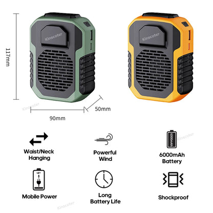 KINSCOTER Hängender Taillenventilator für den Außenbereich, 6000 mAh, tragbarer Taillen-/Nackenventilator, Kühlerventilator, 3 Geschwindigkeiten, geräuschlos, lange Lebensdauer, elektrischer Ventilator