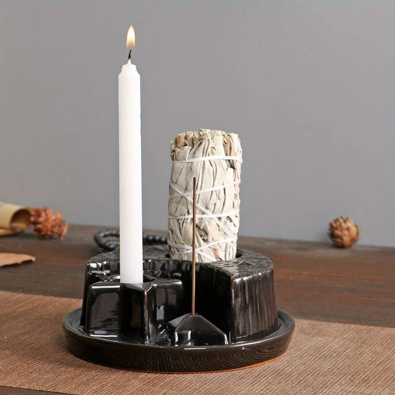 4-in-1 Keramik Kerzen & Räucherstäbchen Halter Morandi Farbe mit niedlichen Sternen und Mond Design Perfekt für Salbei Palo Santo Räucherstäbchen