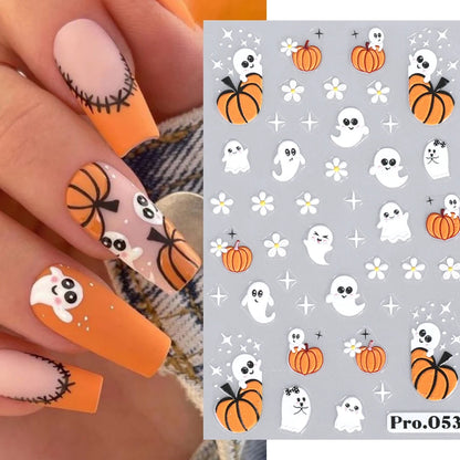 5D geprägte Halloween-Nagelkunstaufkleber: Schädel, Kürbis, Geister, Fledermaus, Spinnennetz, Anime-Nageldekorationen, gravierte Maniküre-Aufkleber.