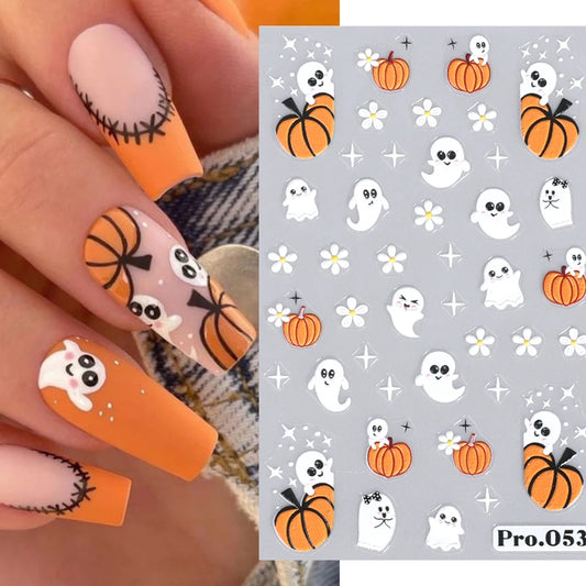 5D geprägte Halloween-Nagelkunstaufkleber: Schädel, Kürbis, Geister, Fledermaus, Spinnennetz, Anime-Nageldekorationen, gravierte Maniküre-Aufkleber.