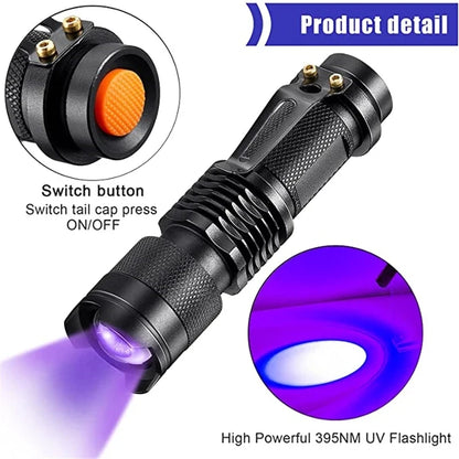 LED UV Taschenlampe 365/395nm Tragbares Mini Ultraviolett Fackel wasserdichtes Zoomierleuchte Pet Urin Skorpion Detektor UV -Lampe