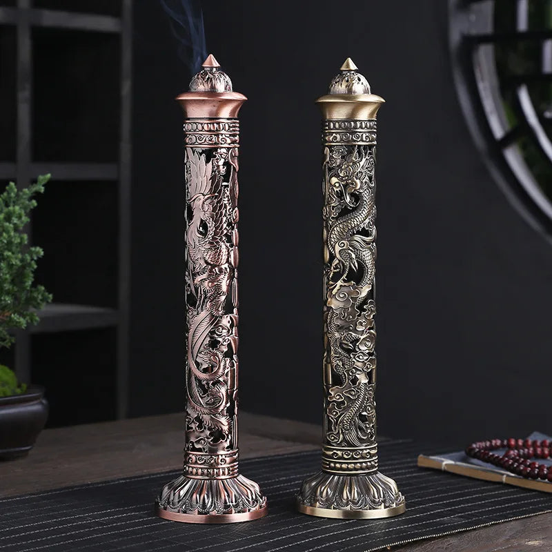 Räucherstäbchenbrenner Bronze Ton Drache Phönix Muster Räucherstäbchenhalter Vertikaler Räucherstäbchenständer mit Fänger für Wohnkultur