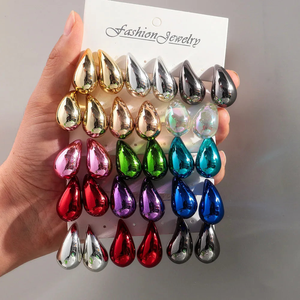 Neue 3 Paar / Set Chunky Wassertropfen Creolen Duplikate für Frauen Dicke Metallic-Farbe Acryl Tear Drop Ohrring Leichter Schmuck