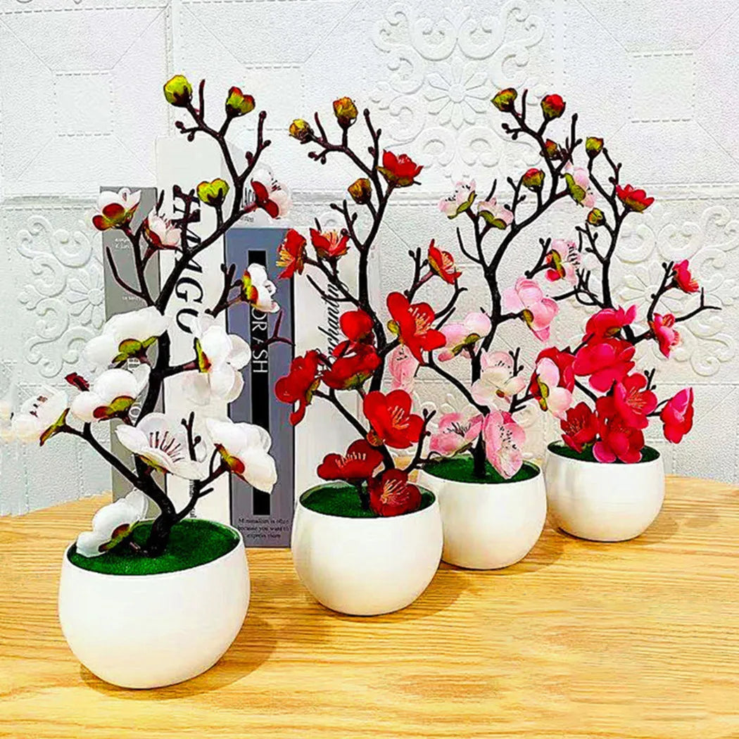 Künstliche Simulationspflanze im Topf, Pflaumenblüten-Bonsai, 11,8*4,3 Zoll, für Heim, Büro, Garten, Küche, Wohnzimmer und Tischdekoration
