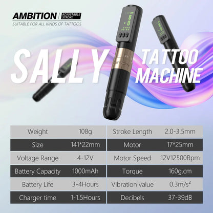 Ambition Sally Wireless Permanent Make-up Maschine Tattoo Pen Rotary 2,0-3,5 mm einstellbarer Hub Coreless Motor Tattoo Zubehör