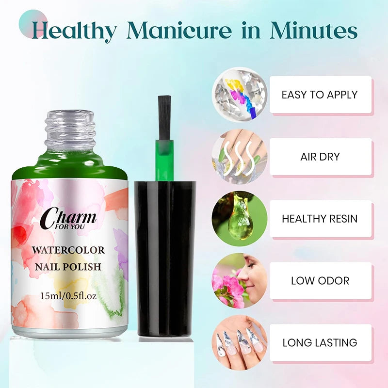 15ml Aquarell Tinte Nagellack Farbe Blühender Effekt Schnell Trocknen Weißer Klarlack Nageldekoration