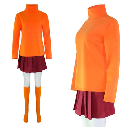 Anime Velma Kostüm: Cosplay-Uniform mit orangefarbenem kurzem Rock, Frauenkostüm mit orangefarbenen Socken und Oberteil, Halloween-Party- und Karnevals-Set.