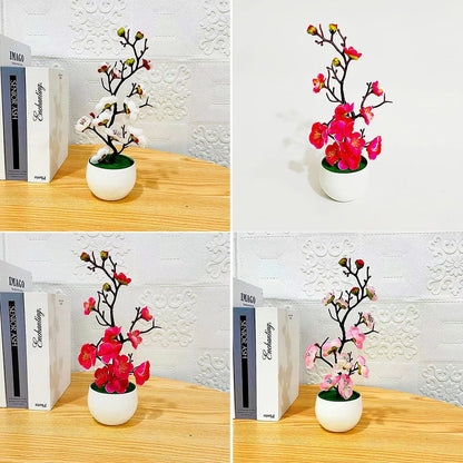 Künstliche Simulationspflanze im Topf, Pflaumenblüten-Bonsai, 11,8*4,3 Zoll, für Heim, Büro, Garten, Küche, Wohnzimmer und Tischdekoration