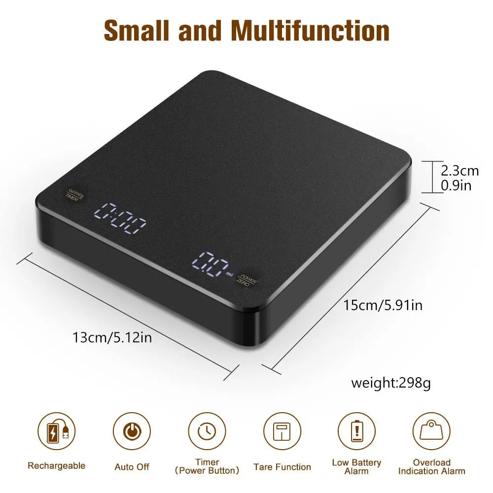 Digitale Kaffeewaage mit Timer LED-Bildschirm Espresso USB 3kg Max.Gewicht 0,1g Hochpräzise misst in oz/ml/g Küchenwaage