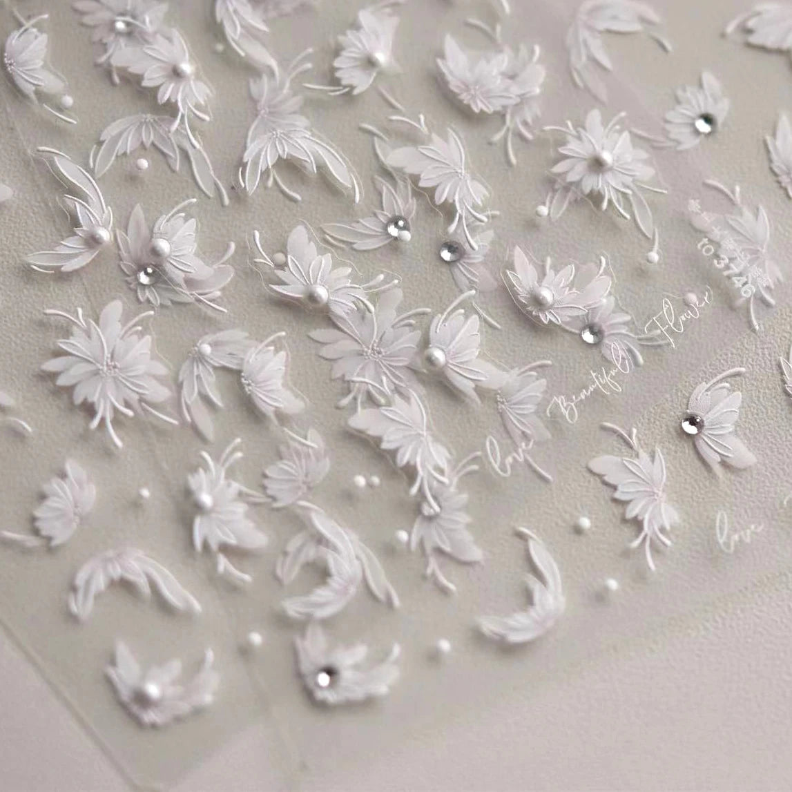 Reine weiße Dahlienblume glänzende Strasssteine zarte zarte Perle 3d Selbstkleber Nagelkunst Dekorationen Aufkleber Maniküre Abziehbilder