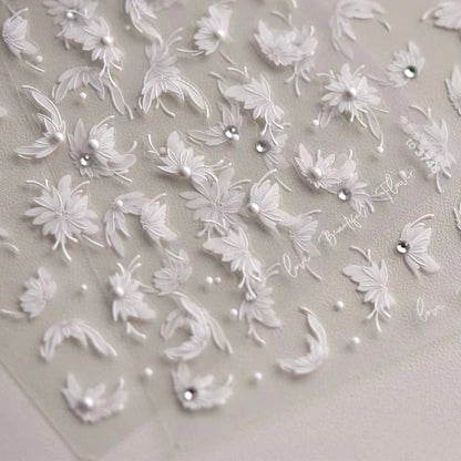 Reine weiße Dahlienblume glänzende Strasssteine zarte zarte Perle 3d Selbstkleber Nagelkunst Dekorationen Aufkleber Maniküre Abziehbilder