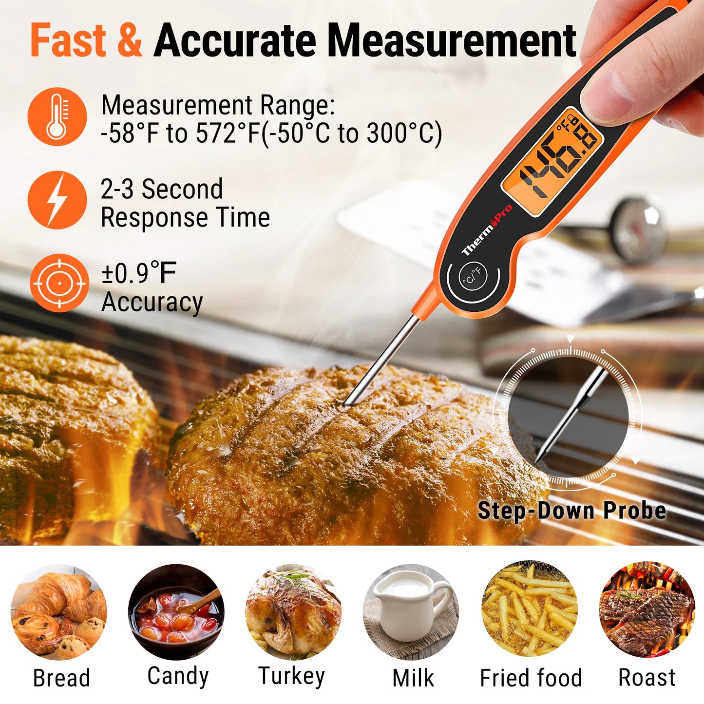 ThermoPro TP605 Schnell ablesendes wasserdichtes digitales BBQ-Thermometer mit Hintergrundbeleuchtung für das Kochen von Fleisch