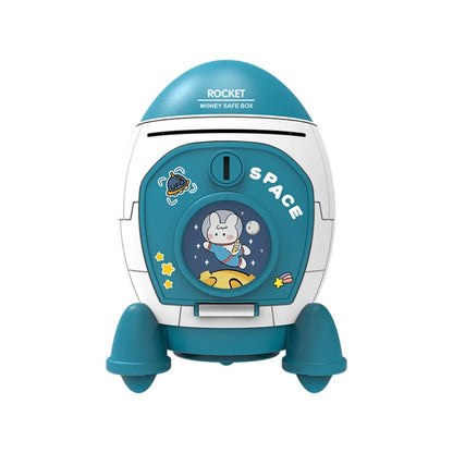Niedliche Kinder Sparschwein mit Cartoon Aufkleber Mehrzweck Weltraumrakete Form Geldkassette Kunststoff Spardose Kinder Geschenk Spielzeug