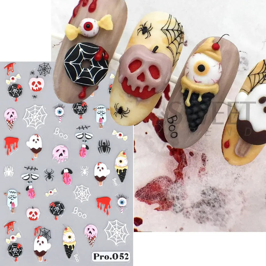 5D geprägte Halloween-Nagelkunstaufkleber: Schädel, Kürbis, Geister, Fledermaus, Spinnennetz, Anime-Nageldekorationen, gravierte Maniküre-Aufkleber.