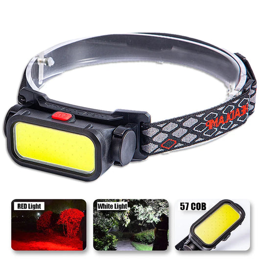 Leistungsstarke COB-LED-Stirnlampe USB Wiederaufladbare 4-Modi-Beleuchtungskopf-Taschenlampe mit 18650 eingebauter Batterie Camping Angellaterne