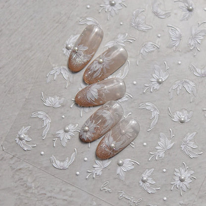 Reine weiße Dahlienblume glänzende Strasssteine zarte zarte Perle 3d Selbstkleber Nagelkunst Dekorationen Aufkleber Maniküre Abziehbilder