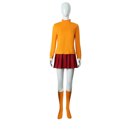 Anime Velma Kostüm: Cosplay-Uniform mit orangefarbenem kurzem Rock, Frauenkostüm mit orangefarbenen Socken und Oberteil, Halloween-Party- und Karnevals-Set.