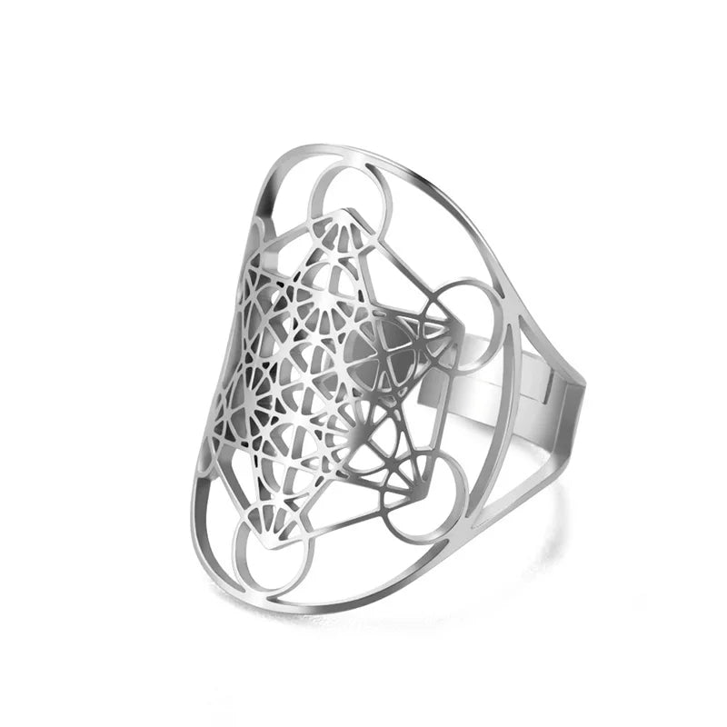 Heilige Geometrie Erzengel Metatron Verstellbarer Ring Edelstahlringe für Frauen Männer