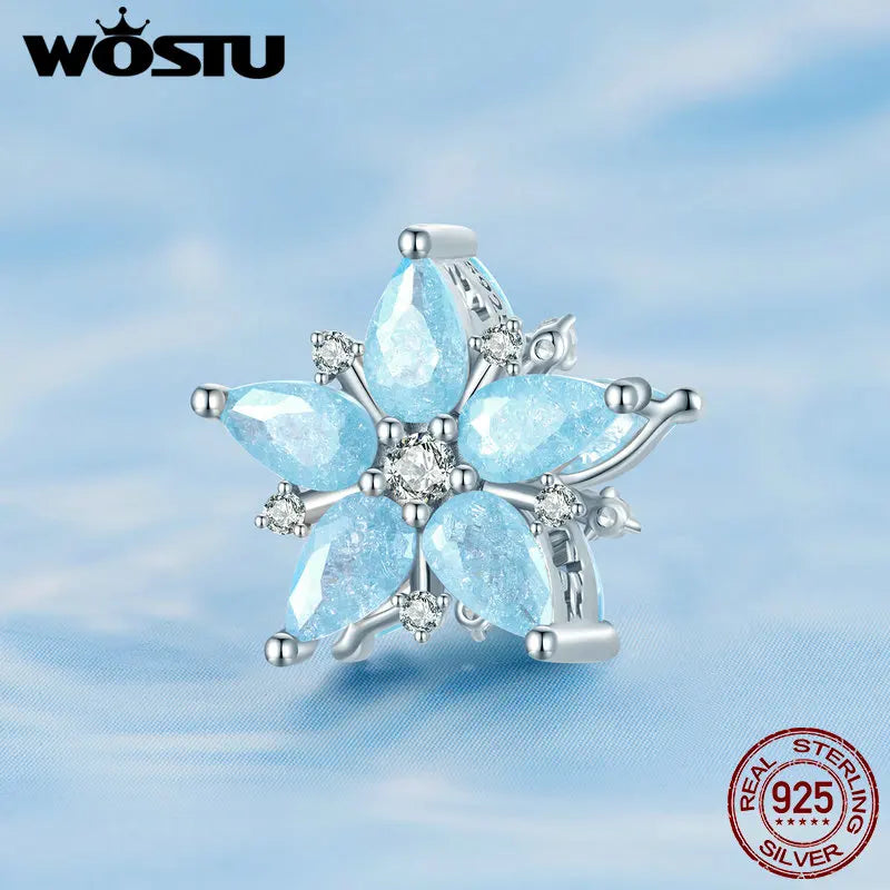 WOSTU 925 Sterling Silber Charms – Schneeflocke Schmetterling, Blaue Kristallkrone Beads, passend für DIY Armband oder Halskette, Winter Geschenk