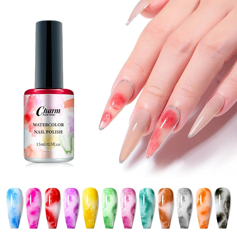 15ml Aquarell Tinte Nagellack Farbe Blühender Effekt Schnell Trocknen Weißer Klarlack Nageldekoration