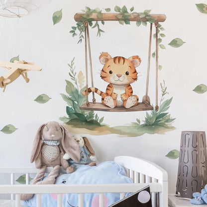 cartoon-tiger-sitzt-auf-einer-schaukel-aquarell-blatter-wandaufkleber-fur-kinderzimmer-baby-madchen-kinderzimmer-aufkleber-schlafzimmer-wohnkultur