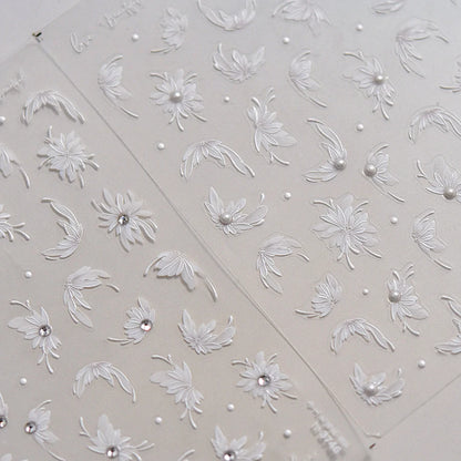 Reine weiße Dahlienblume glänzende Strasssteine zarte zarte Perle 3d Selbstkleber Nagelkunst Dekorationen Aufkleber Maniküre Abziehbilder