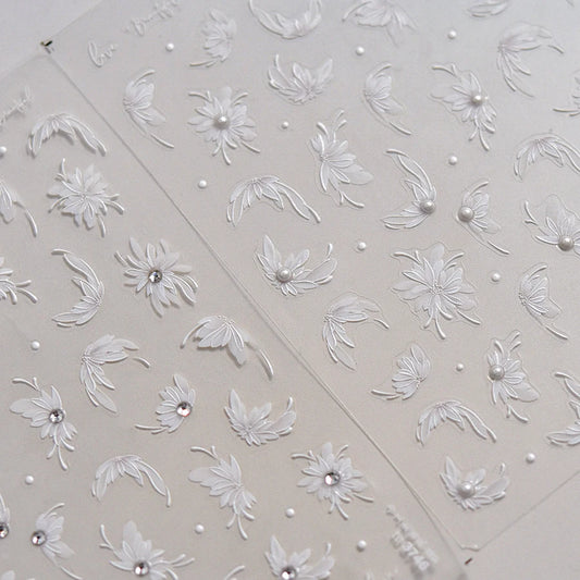 Reine weiße Dahlienblume glänzende Strasssteine zarte zarte Perle 3d Selbstkleber Nagelkunst Dekorationen Aufkleber Maniküre Abziehbilder