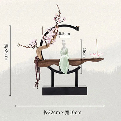 Keramik-Dienerin mit Holz-Rückfluss-Räucherbrenner – Mit 20 Kegeln, USB-LED-Lichtkreis, Lotus, Buddha-Perlen, Dekoration für Zuhause und Büro