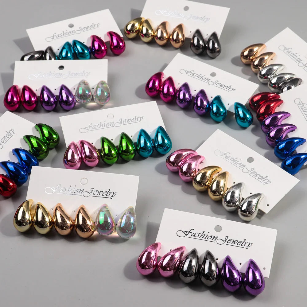 Neue 3 Paar / Set Chunky Wassertropfen Creolen Duplikate für Frauen Dicke Metallic-Farbe Acryl Tear Drop Ohrring Leichter Schmuck