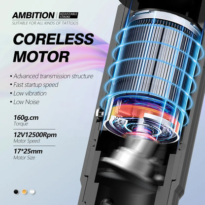 Ambition Sally Wireless Permanent Make-up Maschine Tattoo Pen Rotary 2,0-3,5 mm einstellbarer Hub Coreless Motor Tattoo Zubehör