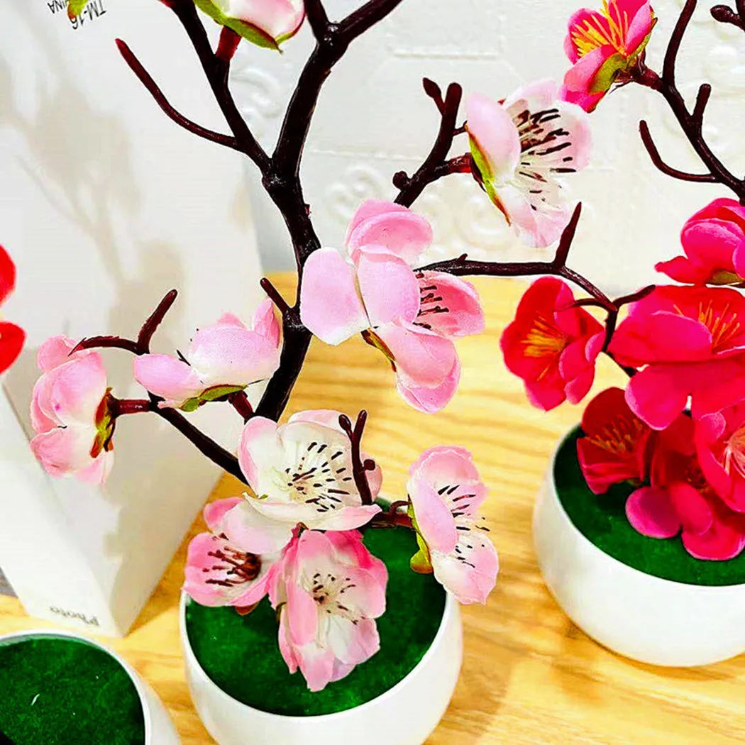 Künstliche Simulationspflanze im Topf, Pflaumenblüten-Bonsai, 11,8*4,3 Zoll, für Heim, Büro, Garten, Küche, Wohnzimmer und Tischdekoration