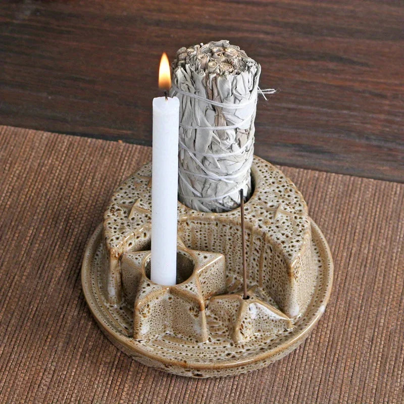 4-in-1 Keramik Kerzen & Räucherstäbchen Halter Morandi Farbe mit niedlichen Sternen und Mond Design Perfekt für Salbei Palo Santo Räucherstäbchen