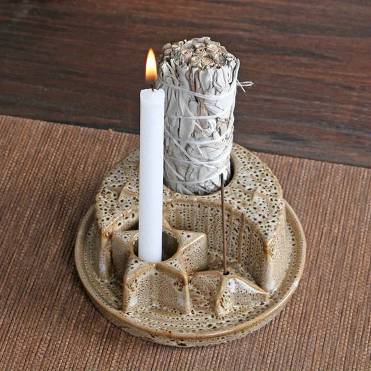 4-in-1 Keramik Kerzen & Räucherstäbchen Halter Morandi Farbe mit niedlichen Sternen und Mond Design Perfekt für Salbei Palo Santo Räucherstäbchen