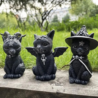 Schwarze Katzenstatue: Mysteriöse, niedliche Hexenkatzen-Figur, handbemalte Skulptur, Hexendekoration, Schreibtisch-Ornament für Halloween, 1 Stück.
