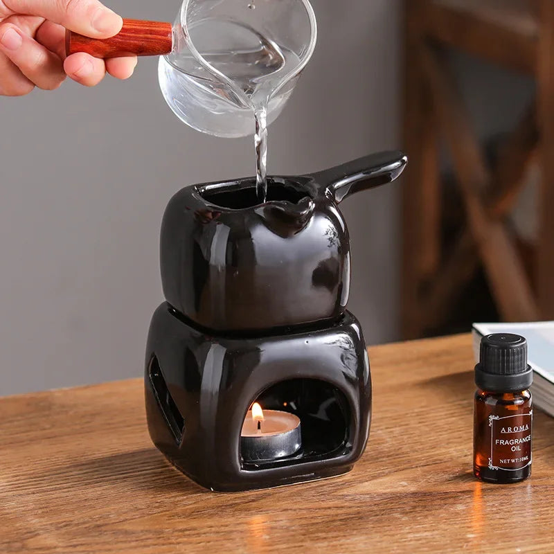 2-in-1 Keramik-Spa-Ätherisches-Öl-Massagegerät – 150ml, Aromatherapie-Kerzenhalter, schwarzer, getrennter Teewärmer