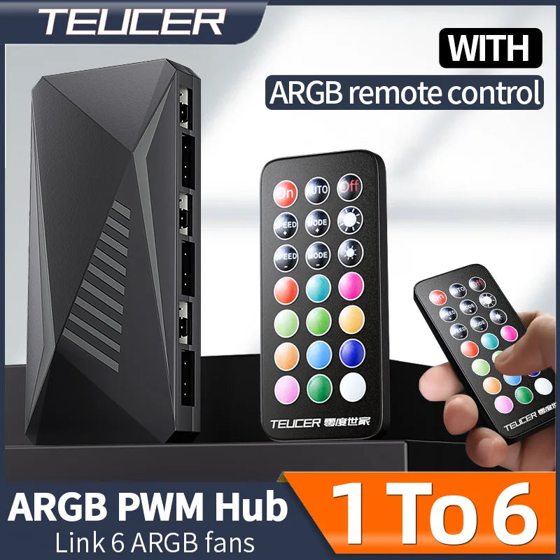 TEUCER LP-6P ARGB-Fernbedienung, 6-Wege-Splitter, 4-poliger PWM-Lüfter-Hub für Computer-PC-Gehäuse, Chassis, Kühler, SATA-Netzteil