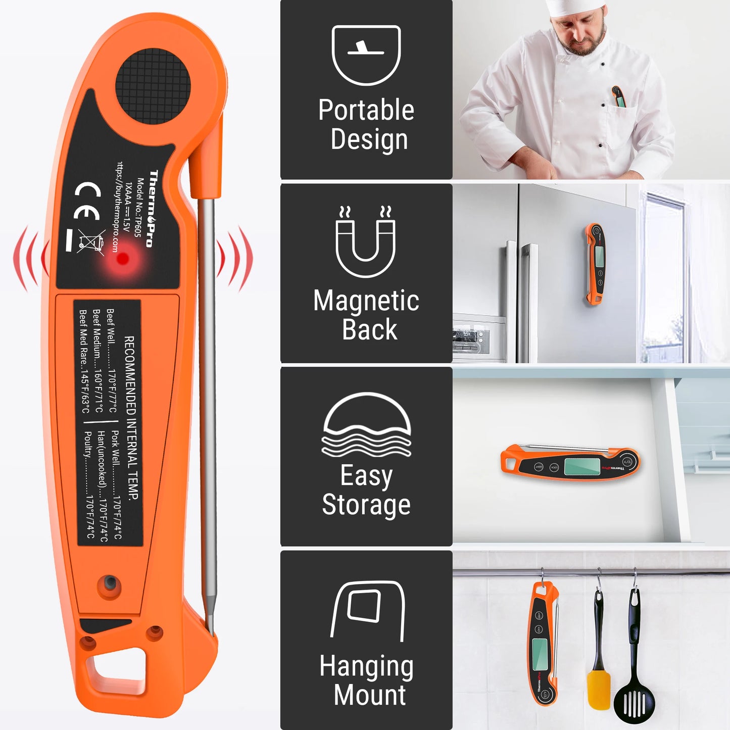 ThermoPro TP605 Schnell ablesendes wasserdichtes digitales BBQ-Thermometer mit Hintergrundbeleuchtung für das Kochen von Fleisch
