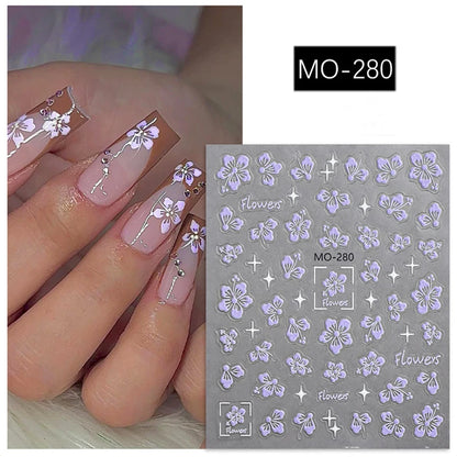 5D geprägte Nail Art Aufkleber Halbtransparente lila Blütenblätter Blumen Kleber Schieber Nägel Aufkleber Dekorationen für die Maniküre