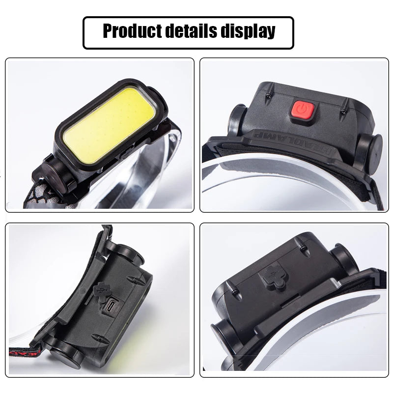 Leistungsstarke COB-LED-Stirnlampe USB Wiederaufladbare 4-Modi-Beleuchtungskopf-Taschenlampe mit 18650 eingebauter Batterie Camping Angellaterne