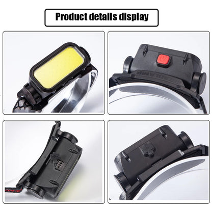 Leistungsstarke COB-LED-Stirnlampe USB Wiederaufladbare 4-Modi-Beleuchtungskopf-Taschenlampe mit 18650 eingebauter Batterie Camping Angellaterne
