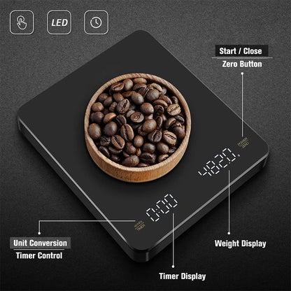 Digitale Kaffeewaage mit Timer LED-Bildschirm Espresso USB 3kg Max.Gewicht 0,1g Hochpräzise misst in oz/ml/g Küchenwaage