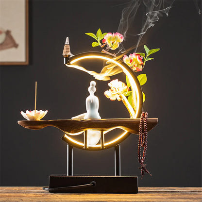 Keramik-Dienerin mit Holz-Rückfluss-Räucherbrenner – Mit 20 Kegeln, USB-LED-Lichtkreis, Lotus, Buddha-Perlen, Dekoration für Zuhause und Büro