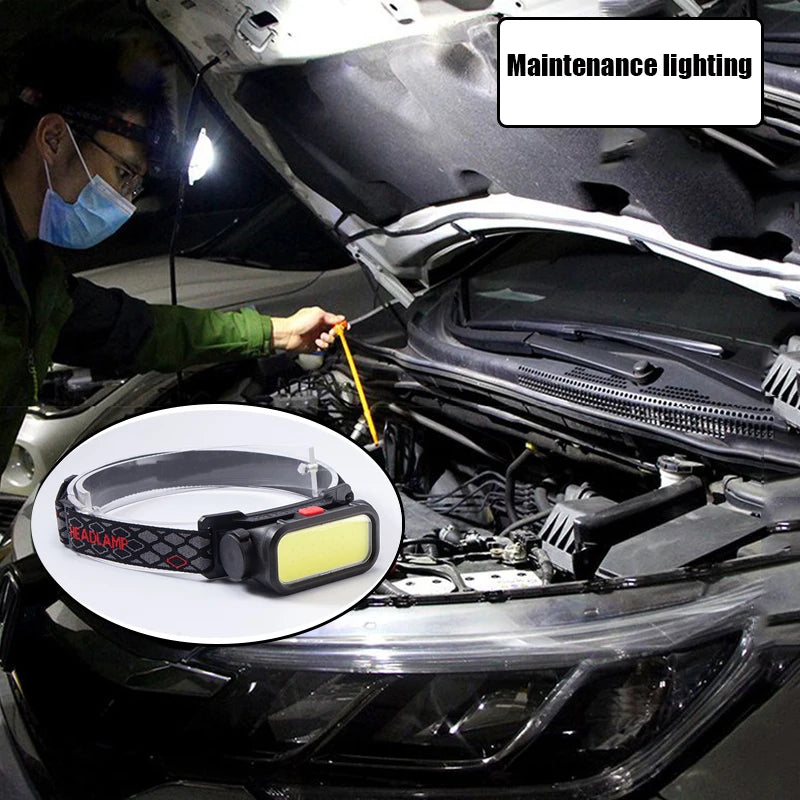 Leistungsstarke COB-LED-Stirnlampe USB Wiederaufladbare 4-Modi-Beleuchtungskopf-Taschenlampe mit 18650 eingebauter Batterie Camping Angellaterne