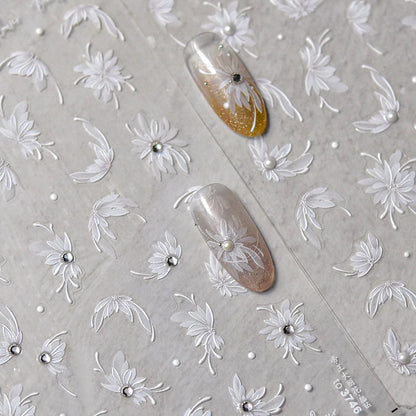Reine weiße Dahlienblume glänzende Strasssteine zarte zarte Perle 3d Selbstkleber Nagelkunst Dekorationen Aufkleber Maniküre Abziehbilder
