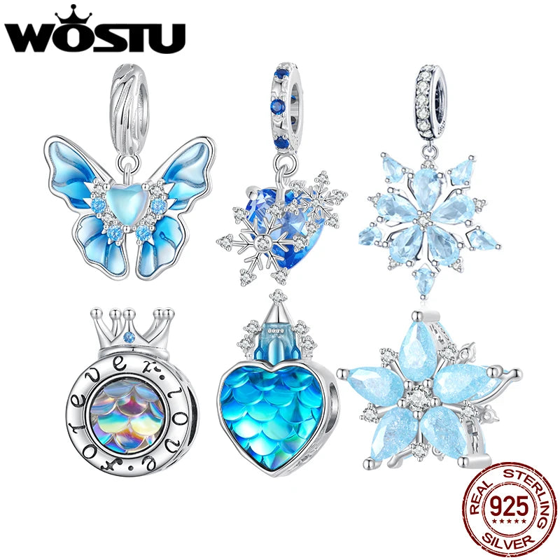 WOSTU 925 Sterling Silber Charms – Schneeflocke Schmetterling, Blaue Kristallkrone Beads, passend für DIY Armband oder Halskette, Winter Geschenk