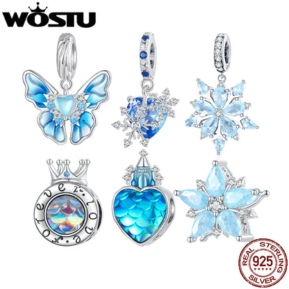 WOSTU 925 Sterling Silber Charms – Schneeflocke Schmetterling, Blaue Kristallkrone Beads, passend für DIY Armband oder Halskette, Winter Geschenk