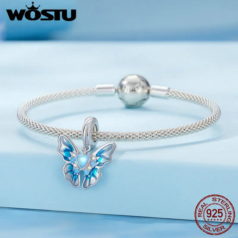 WOSTU 925 Sterling Silber Charms – Schneeflocke Schmetterling, Blaue Kristallkrone Beads, passend für DIY Armband oder Halskette, Winter Geschenk