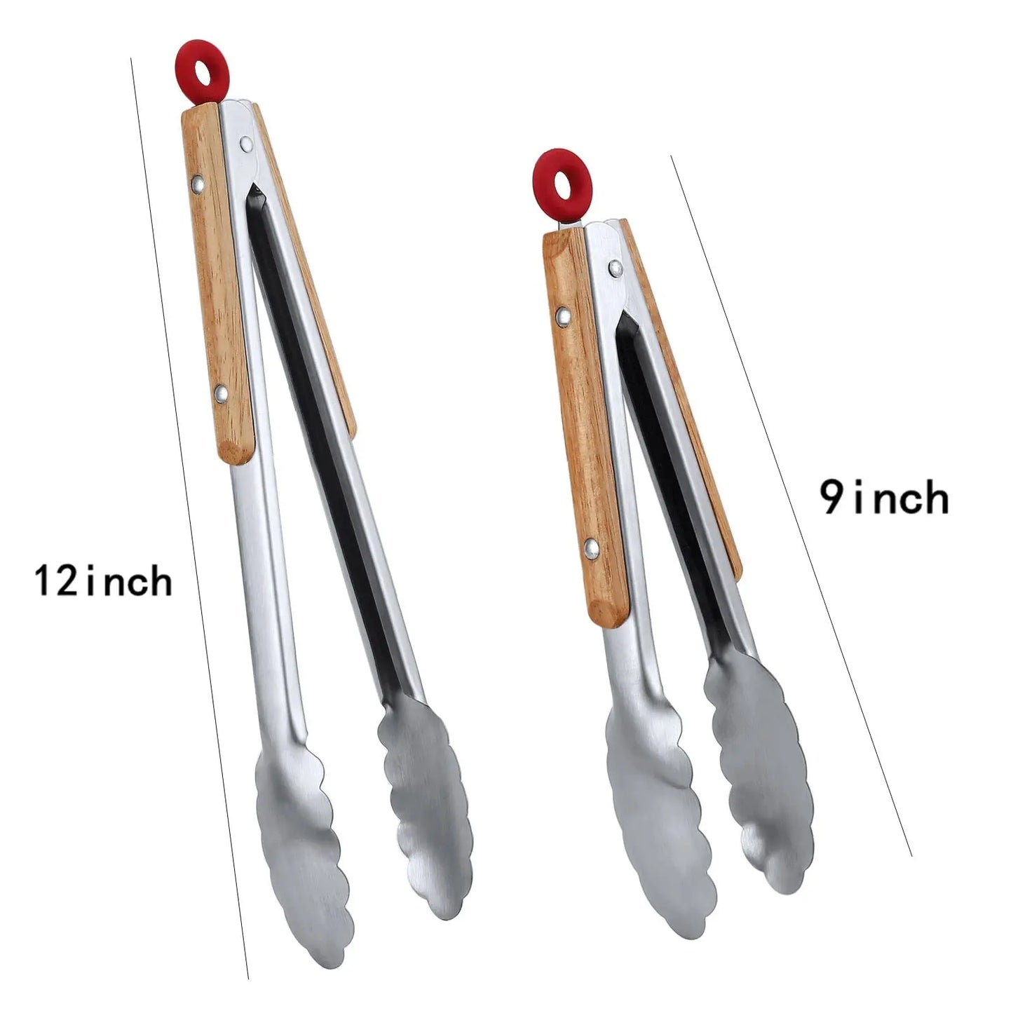 Leeseph Edelstahl-Küchenzange 9' und 12', verriegelbare Lebensmittelzange aus Metall mit Holzgriffen, Grillzange für Pfannen und Grill