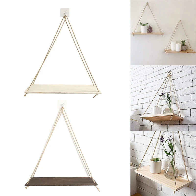 1Pcs Holz Seil Schaukel Wand Hänge Pflanze Blumentopf Tablett Ständer Zuhause Wohnzimmer Pflanze Blumentopf Tablett Wandregale Dekoration